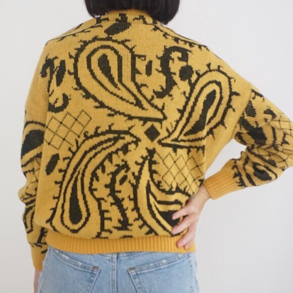Vintage Paris Star Yellow Black Paisley Knit 20% Mohair Wool Sweater 38 - Picture 3 of 12